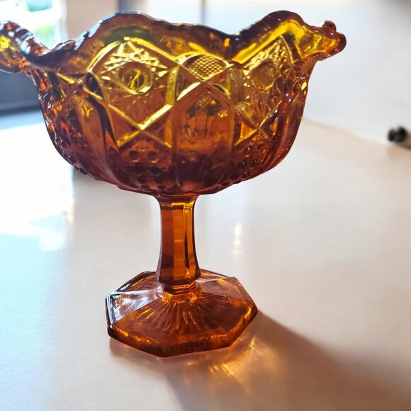 Vintage LE Smith Glass Heritage Quintec Amber Glass Pedestal Compote Candy Dish - Picture 9 of 9